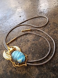 Custom bolo tie with silver bolo and gold and labradorite scrap beetle